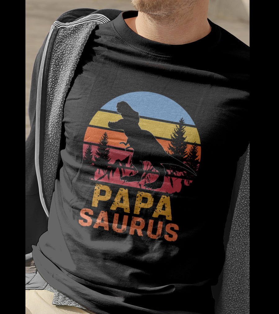PAPA SAURUS Rex Dinosaur Silhouette Vintage Sunset T-Shirt