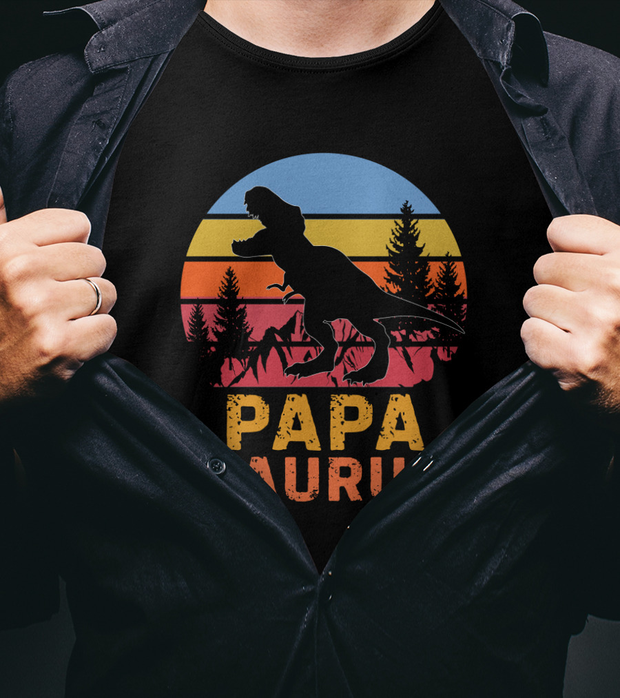 PAPA SAURUS Rex Dinosaur Silhouette Vintage Sunset T-Shirt