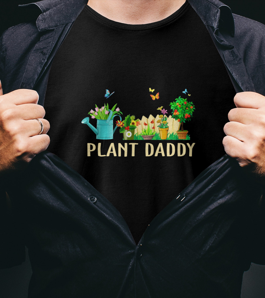 PLANT DADDY Watering Can Butterflies Flowers Garden Fence T-Shirt