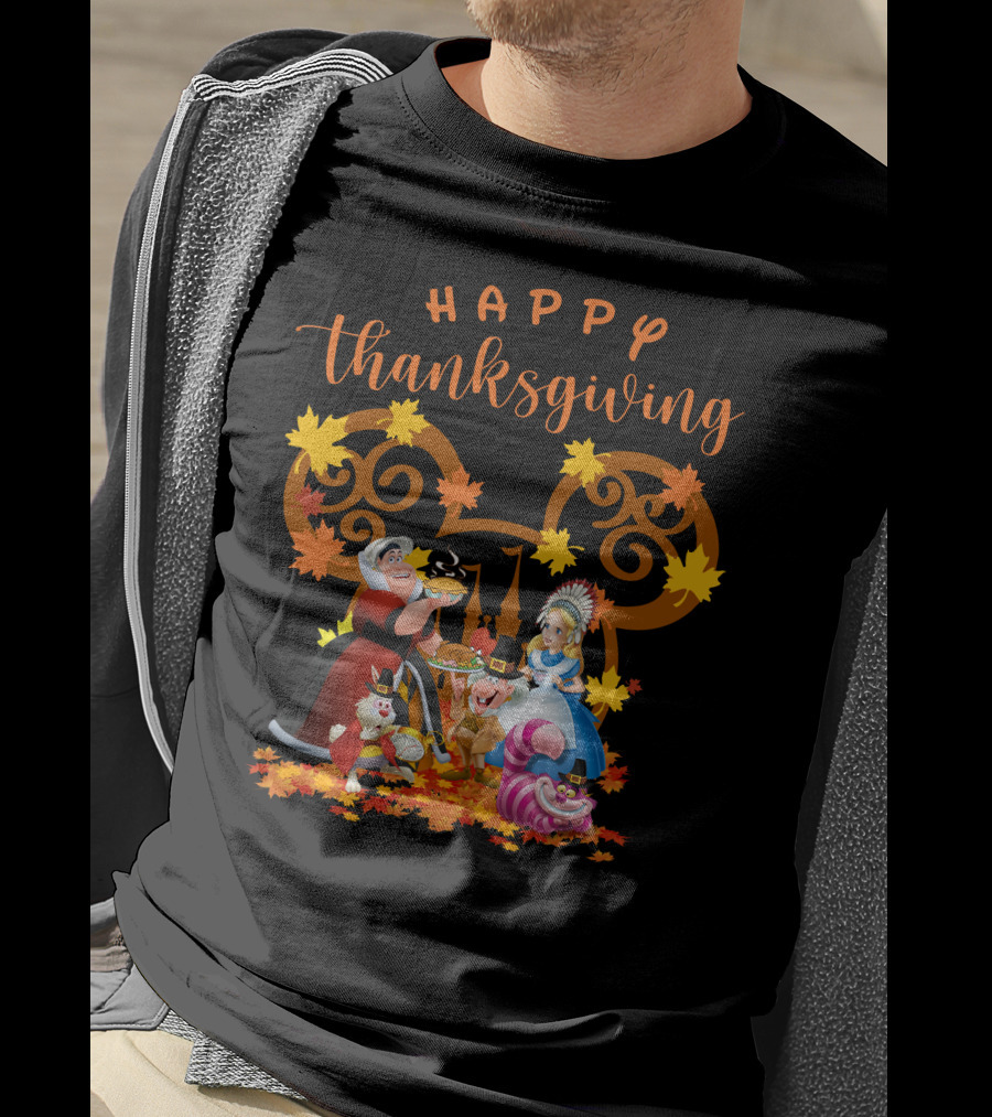Happy Thanksgiving Alice Queen Mad Hatter Cheshire Cat Leaves T-Shirt
