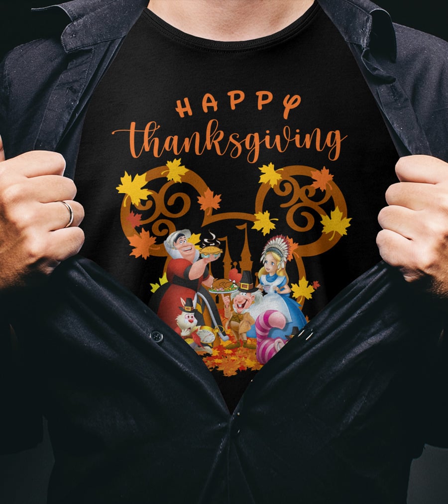 Happy Thanksgiving Alice Queen Mad Hatter Cheshire Cat Leaves T-Shirt
