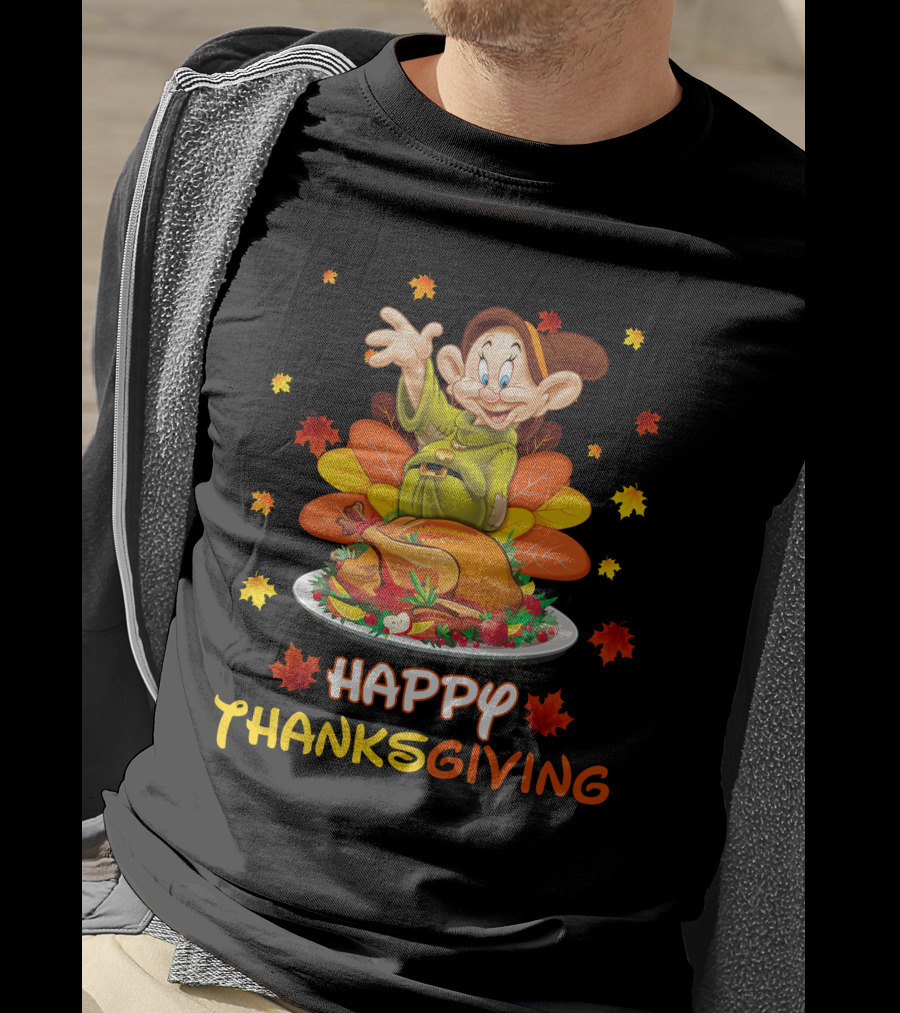 Dopey Happy Thanksgiving With Turkey And Autumn Leaves T-Shirt