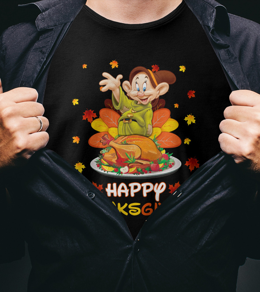 Dopey Happy Thanksgiving With Turkey And Autumn Leaves T-Shirt