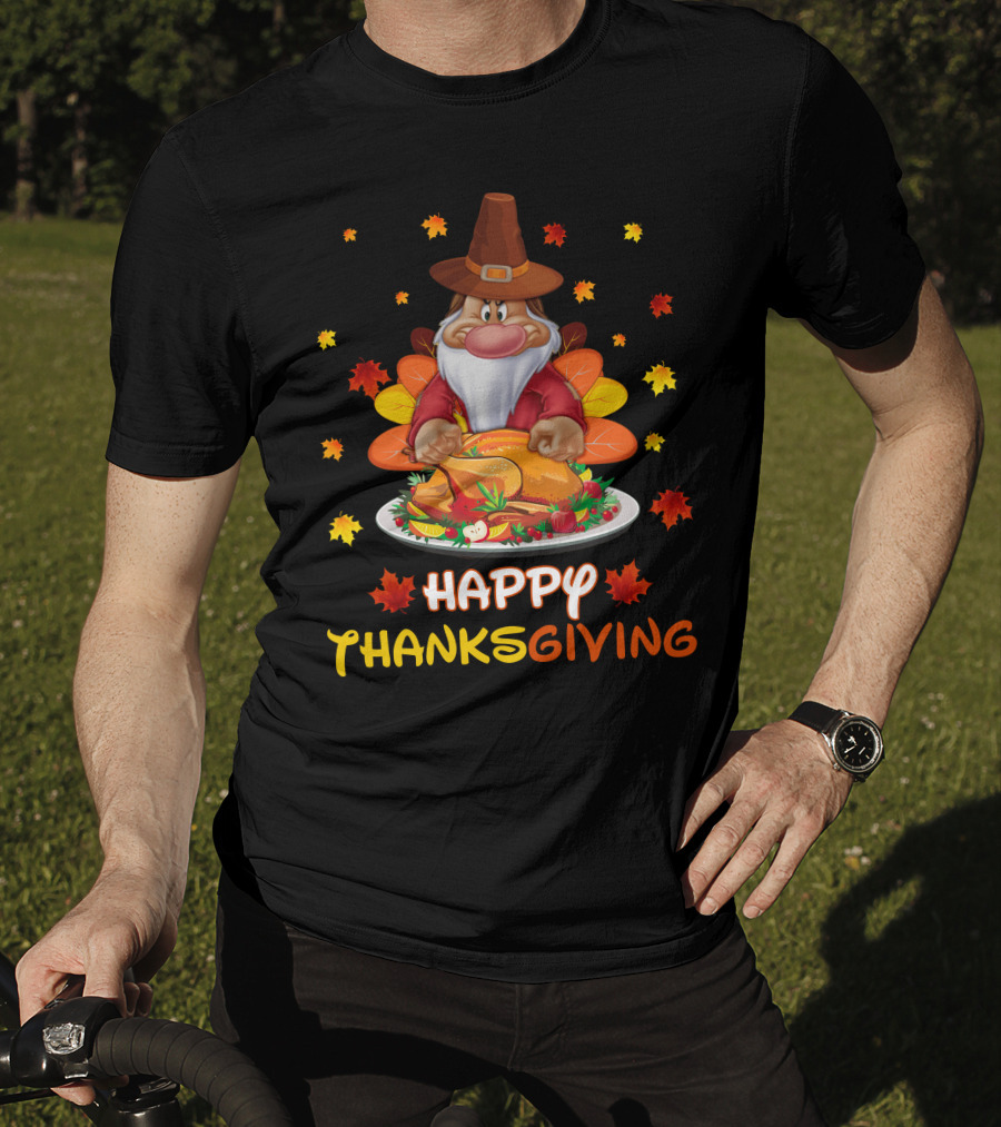 Happy Thanksgiving Grumpy Dwarf Pilgrim With Feast And Fall Leaves T-Shirt