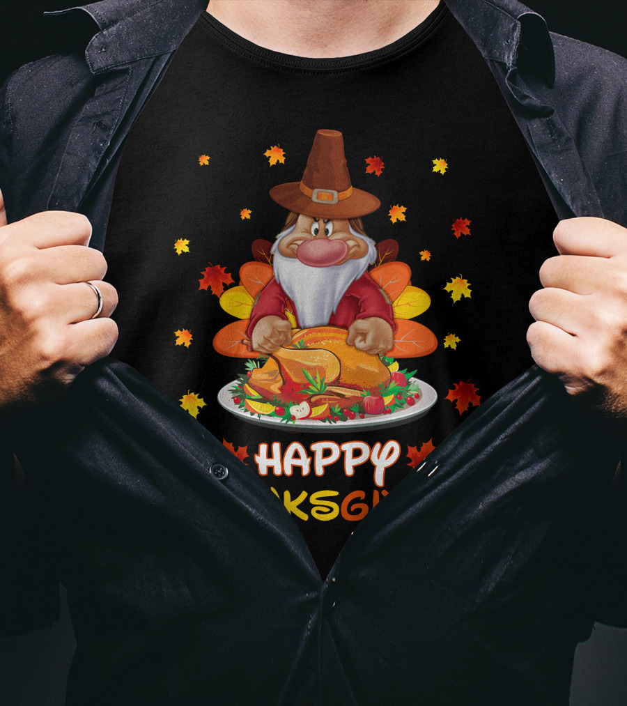 Happy Thanksgiving Grumpy Dwarf Pilgrim With Feast And Fall Leaves T-Shirt