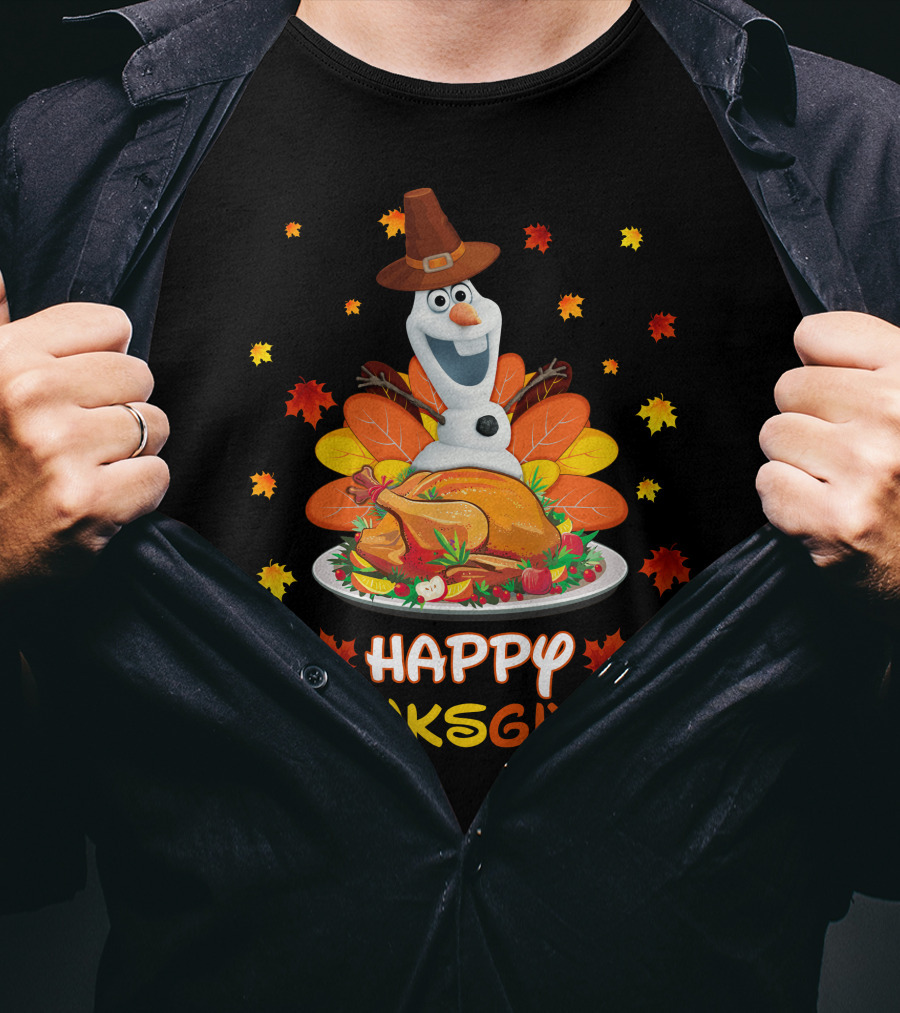 Olaf Turkey Happy Thanksgiving With Autumn Leaves And Pumpkin Pie T-Shirt