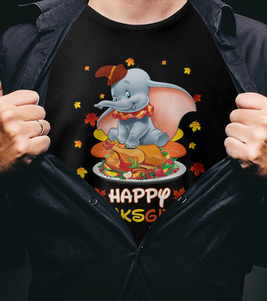 Happy Thanksgiving Dumbo Turkey Autumn Leaves T-Shirt