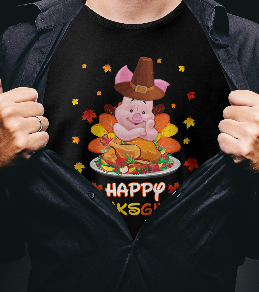 Happy Thanksgiving Piglet Feast With Autumn Leaves And Pilgrim Hat T-Shirt