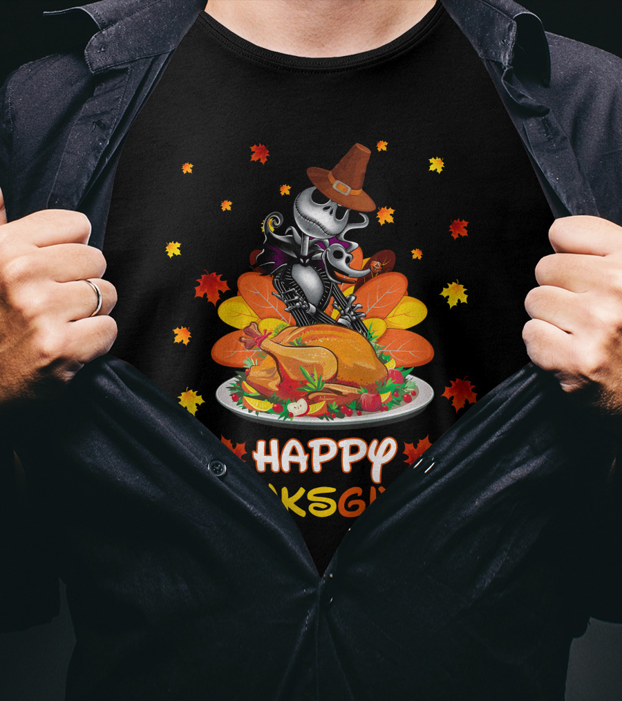 Happy Thanksgiving Skeleton With Turkey And Autumn Leaves T-Shirt