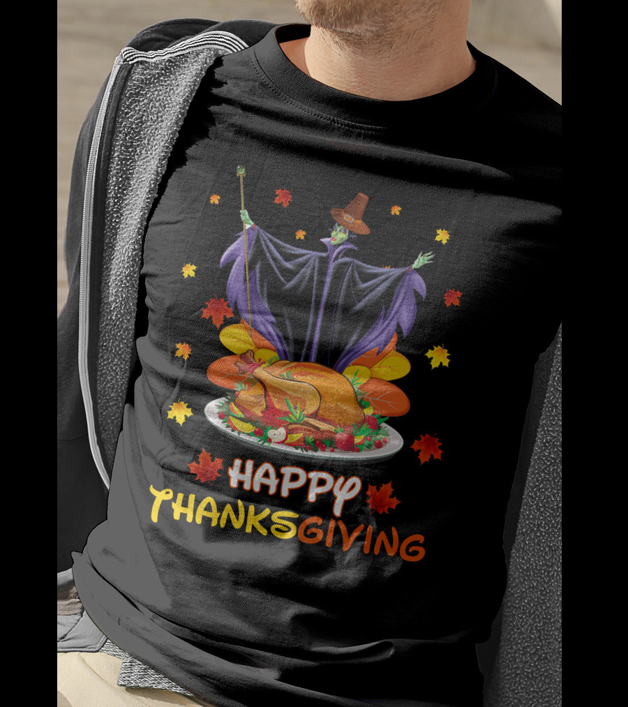 Happy Thanksgiving Maleficent Turkey Feast Magic Leaves T-Shirt