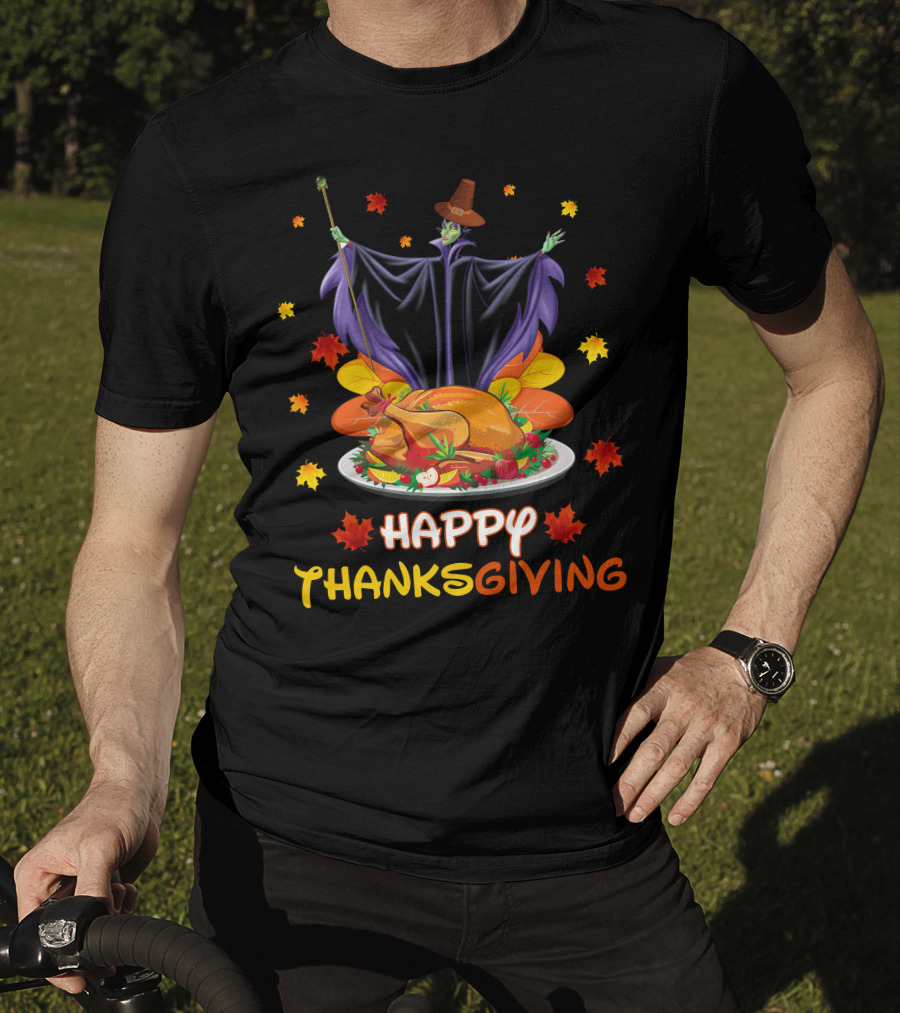 Happy Thanksgiving Maleficent Turkey Feast Magic Leaves T-Shirt