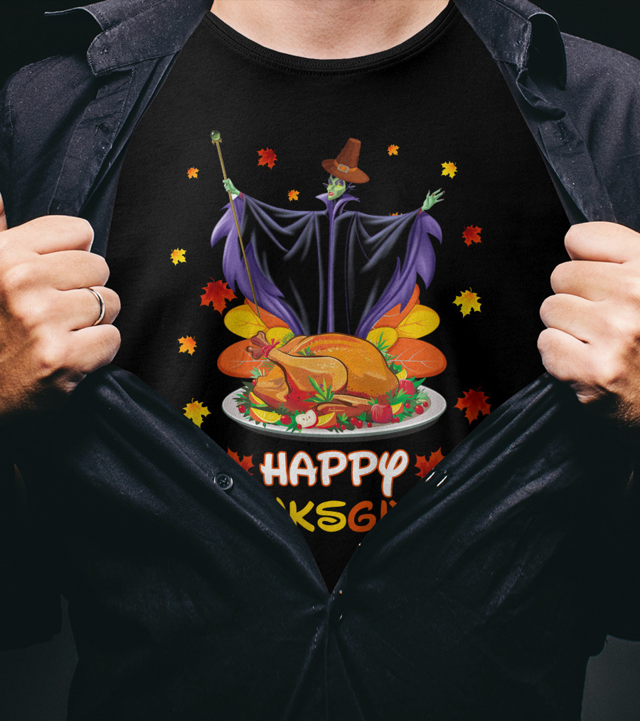 Happy Thanksgiving Maleficent Turkey Feast Magic Leaves T-Shirt
