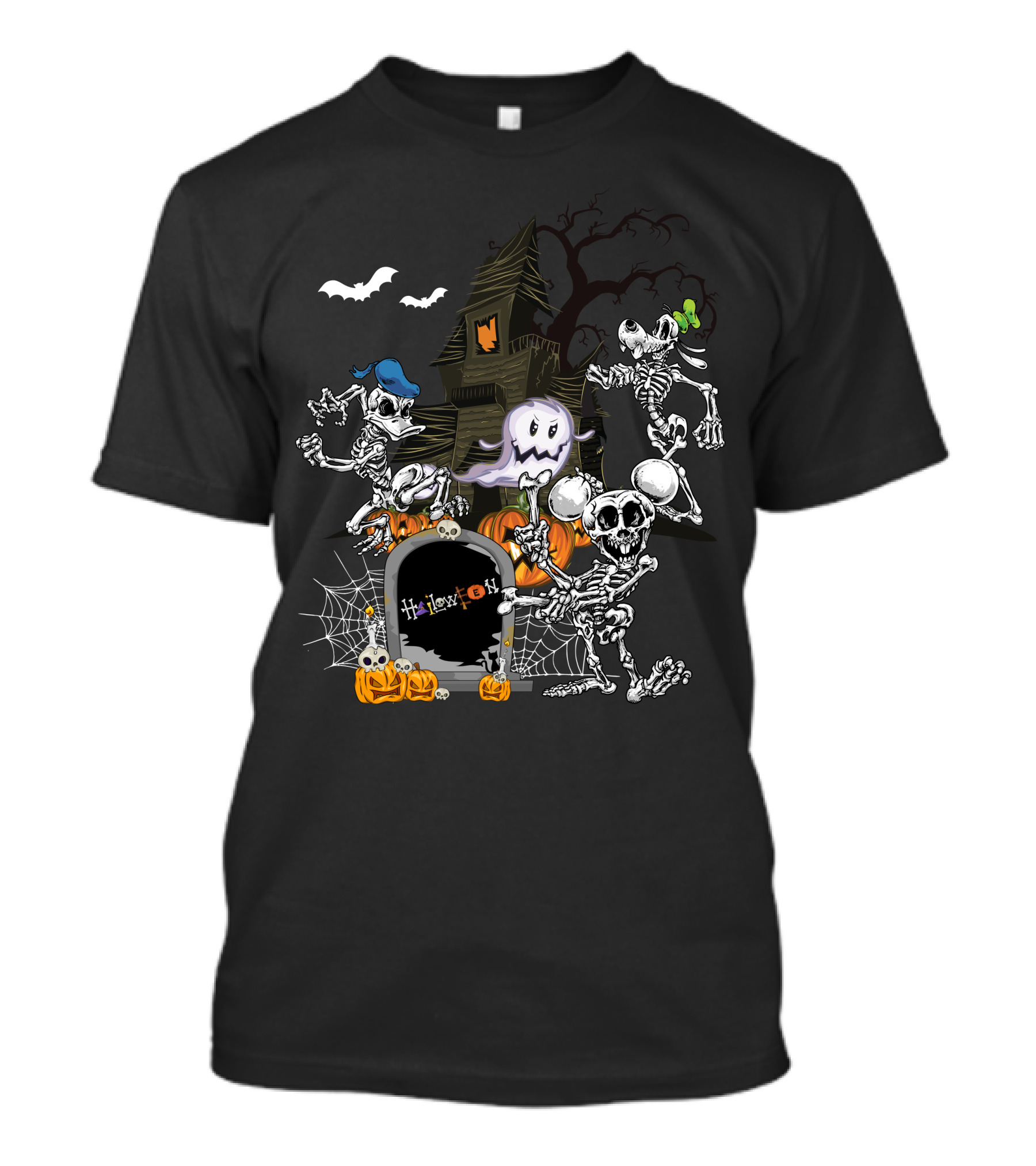 Haunted House Skeleton Dance With Ghost Webs Pumpkins And Bats Halloween T-Shirt
