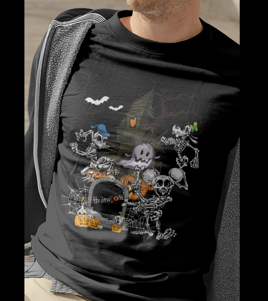 Haunted House Skeleton Dance With Ghost Webs Pumpkins And Bats Halloween T-Shirt