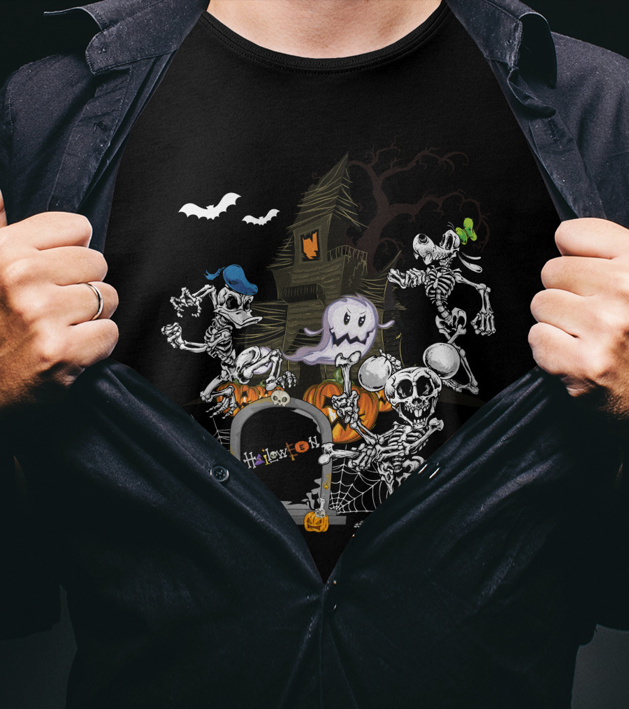 Haunted House Skeleton Dance With Ghost Webs Pumpkins And Bats Halloween T-Shirt