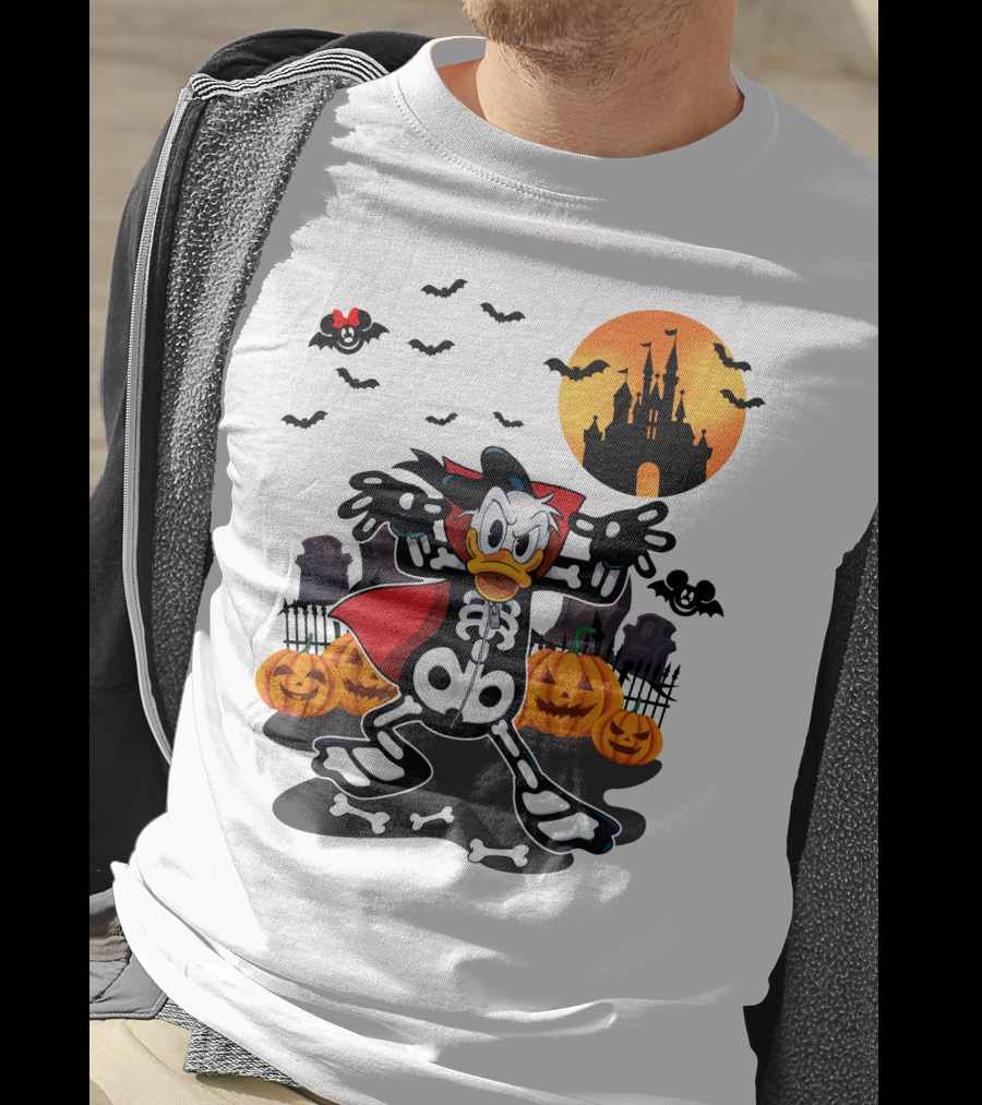 Donald Duck Halloween Skeleton Costume With Bats And Castle T-Shirt
