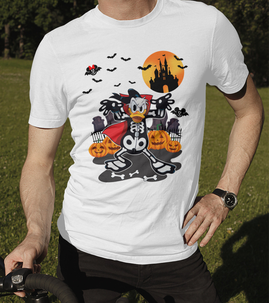 Donald Duck Halloween Skeleton Costume With Bats And Castle T-Shirt