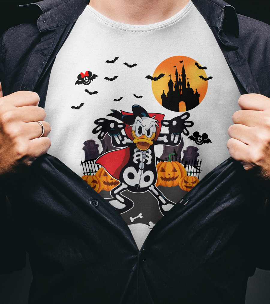 Donald Duck Halloween Skeleton Costume With Bats And Castle T-Shirt