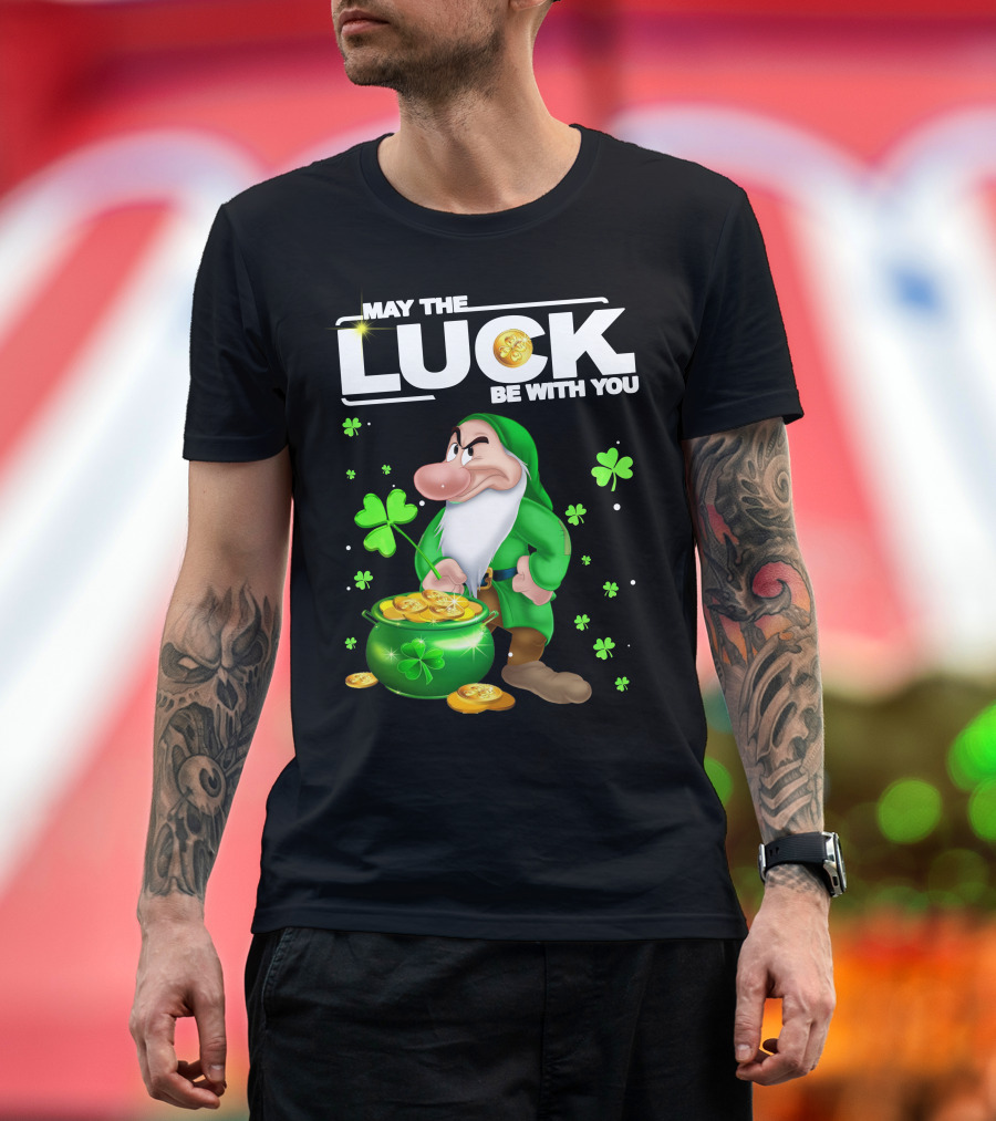 MAY THE LUCK BE WITH YOU Grumpy Gnome with Coins and Clovers T-Shirt
