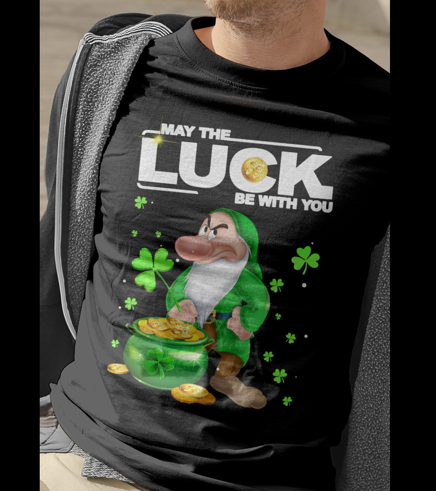 MAY THE LUCK BE WITH YOU Grumpy Gnome With Coins And Clovers T-Shirt