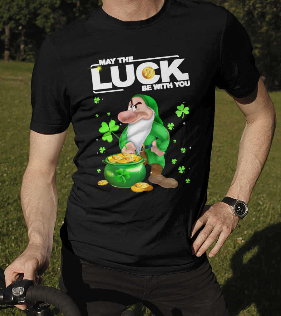 MAY THE LUCK BE WITH YOU Grumpy Gnome With Coins And Clovers T-Shirt