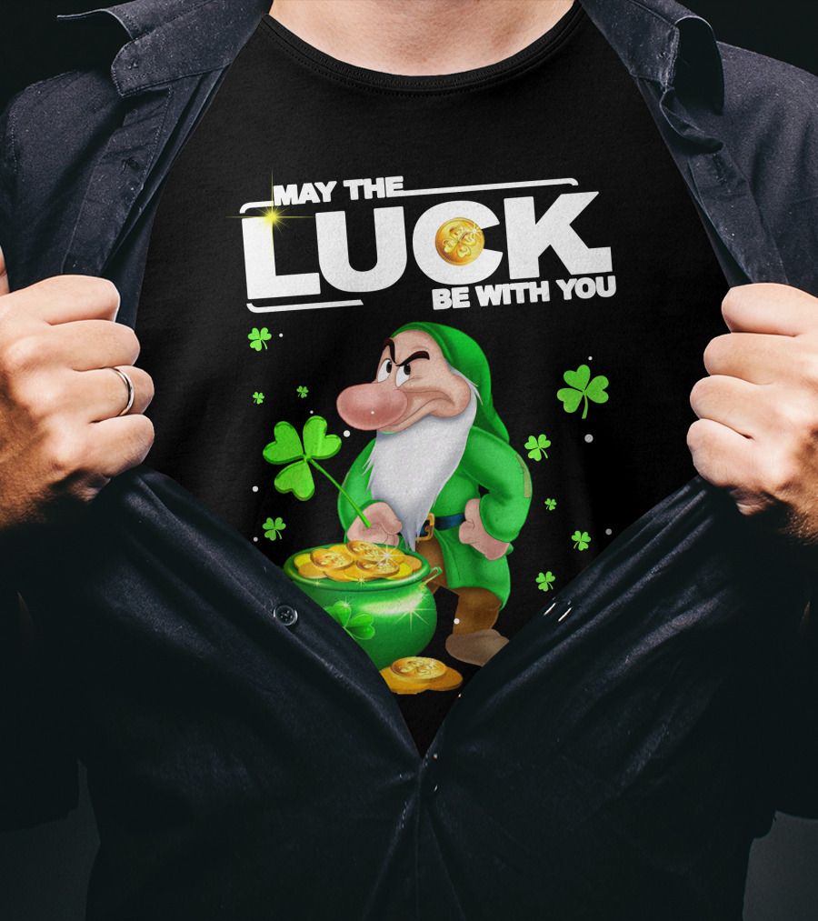MAY THE LUCK BE WITH YOU Grumpy Gnome With Coins And Clovers T-Shirt