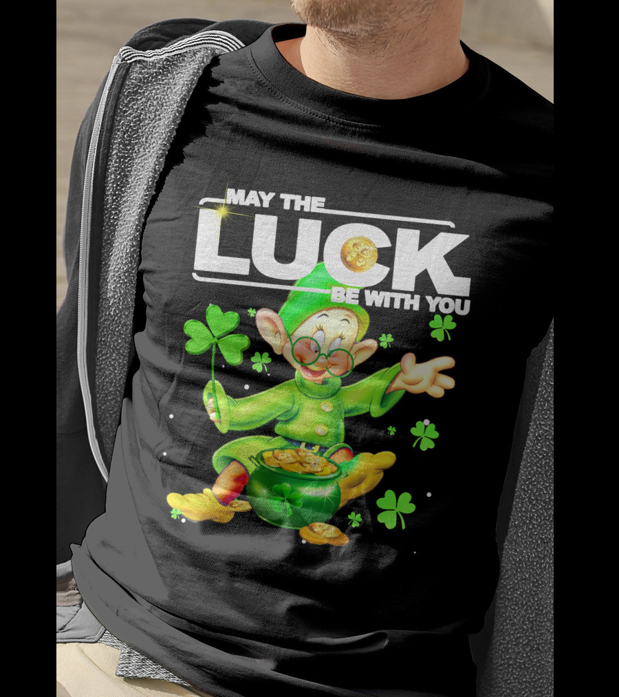 MAY THE LUCK BE WITH YOU Green Leprechaun With Gold Coins And Shamrocks T-Shirt