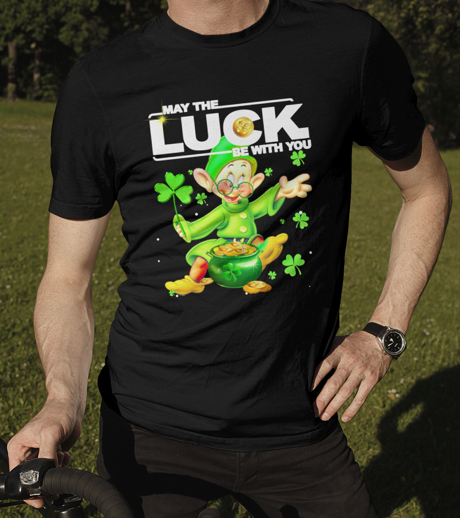MAY THE LUCK BE WITH YOU Green Leprechaun With Gold Coins And Shamrocks T-Shirt