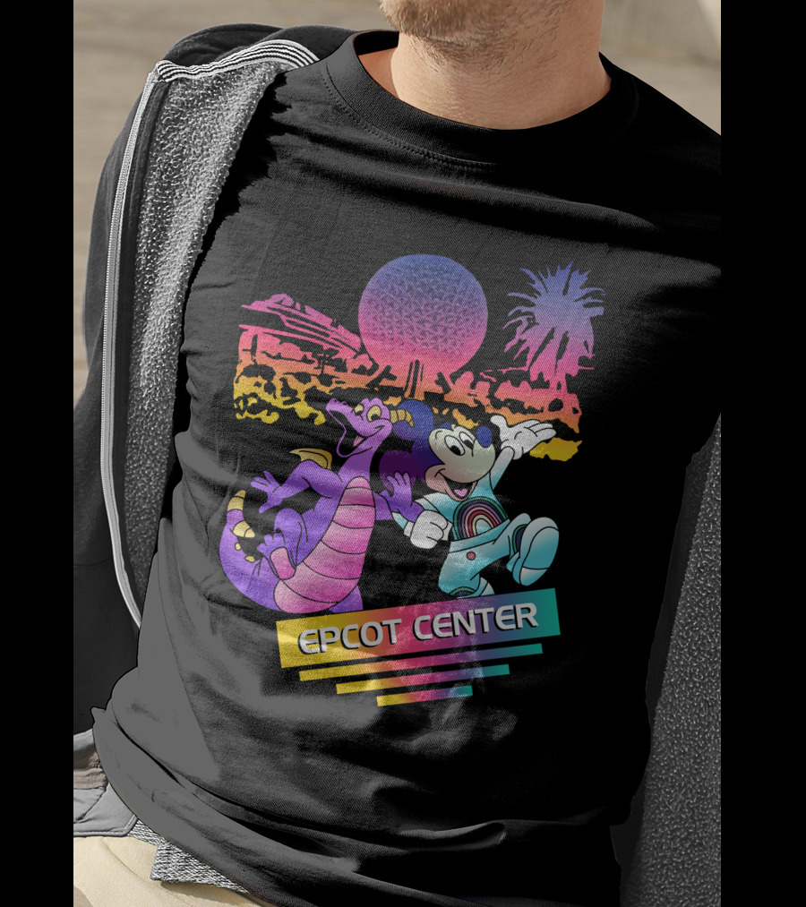 EPCOT CENTER Figment And Mickey Spaceship Earth Retro Spectrum Colors T-Shirt