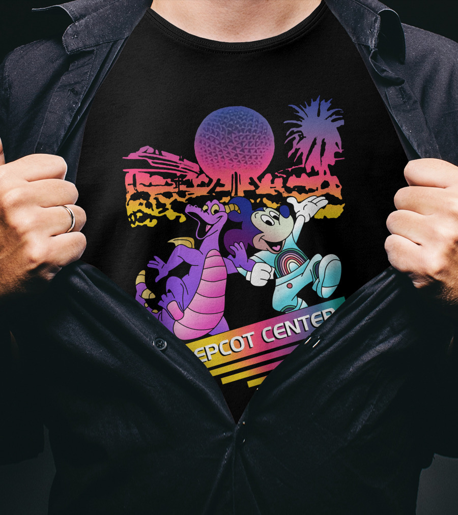EPCOT CENTER Figment And Mickey Spaceship Earth Retro Spectrum Colors T-Shirt