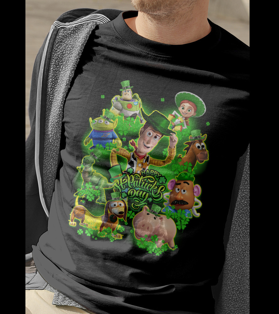 Happy St. Patrick's Day Toy Story Characters In Green Outfits With Shamrocks T-Shirt
