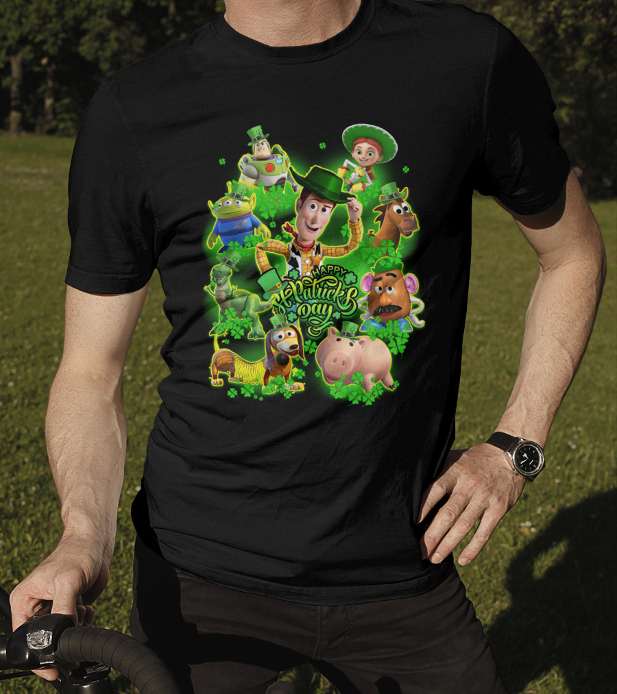 Happy St. Patrick's Day Toy Story Characters In Green Outfits With Shamrocks T-Shirt