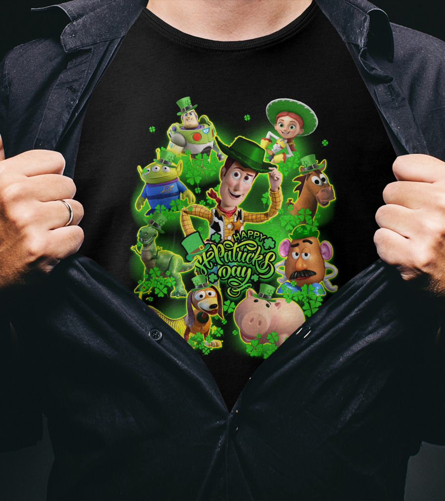 Happy St. Patrick's Day Toy Story Characters In Green Outfits With Shamrocks T-Shirt