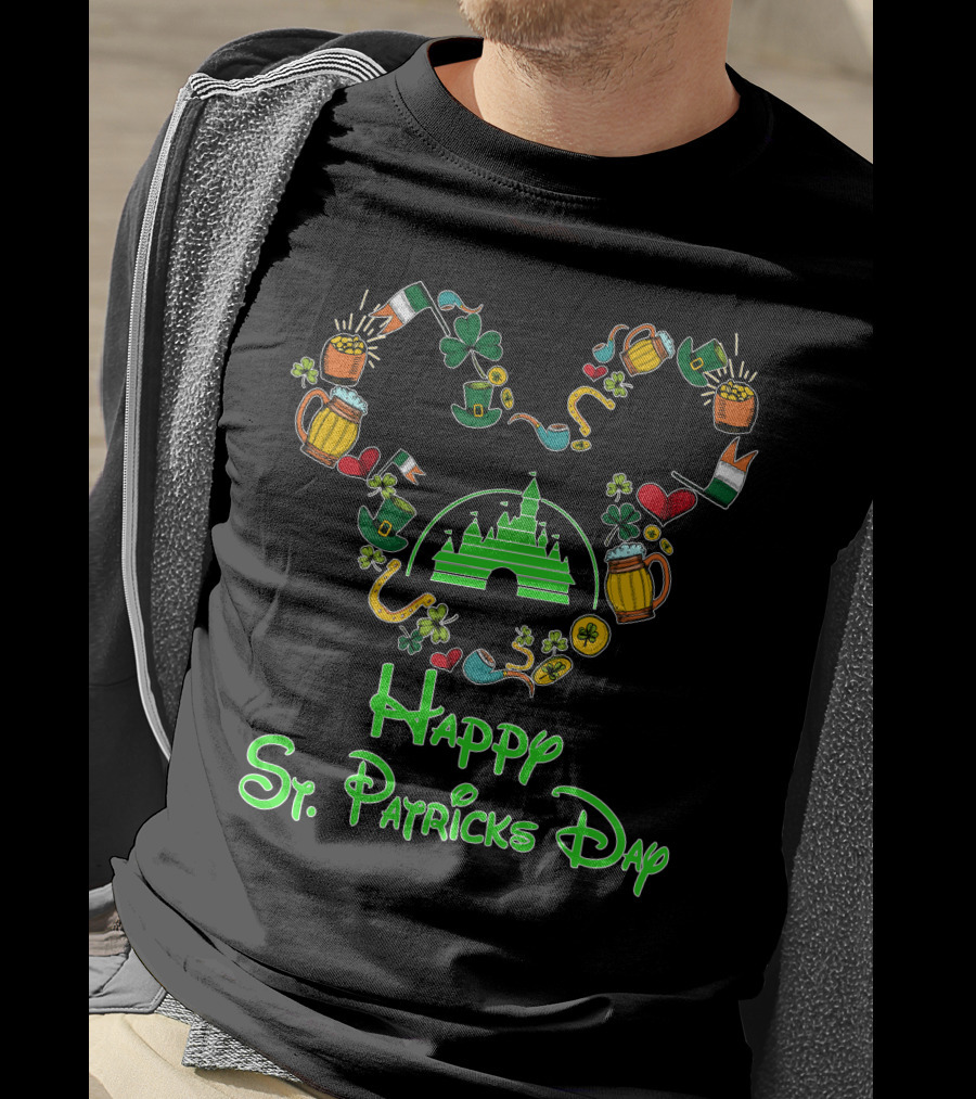 Happy St. Patrick's Day Disney Castle With Shamrock And Beer Icons T-Shirt