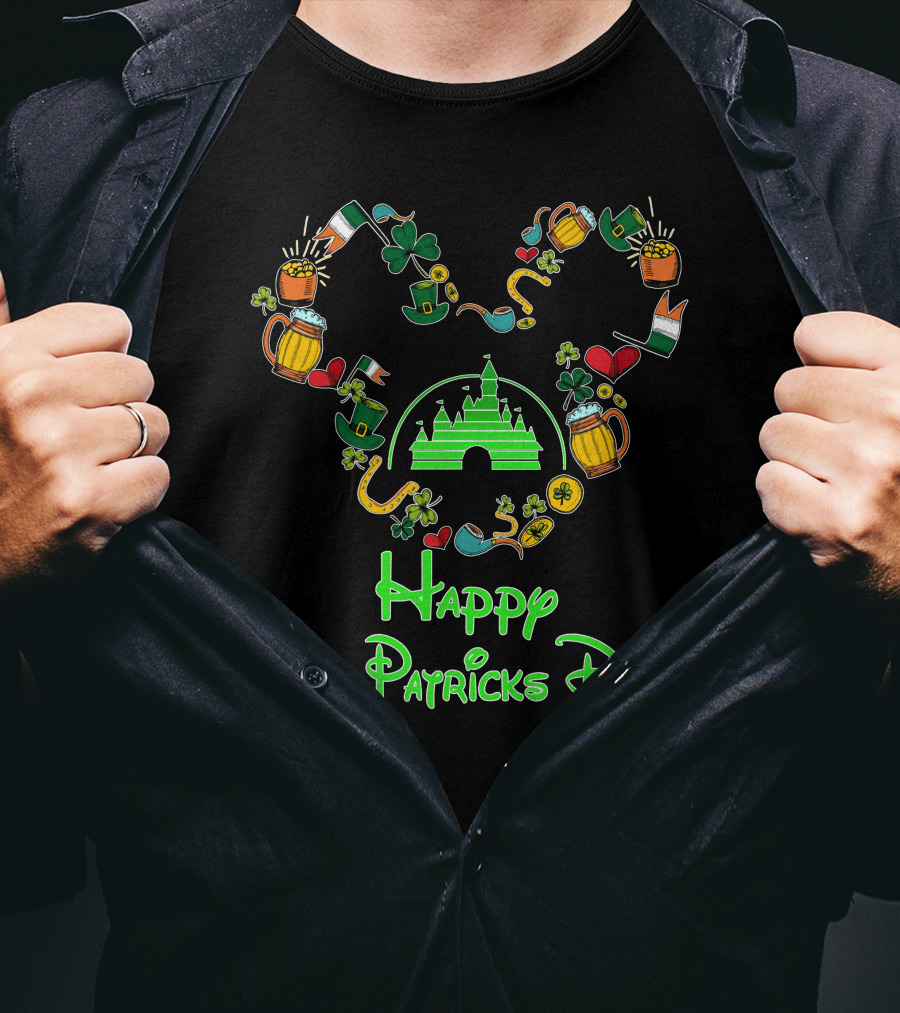Happy St. Patrick's Day Disney Castle With Shamrock And Beer Icons T-Shirt