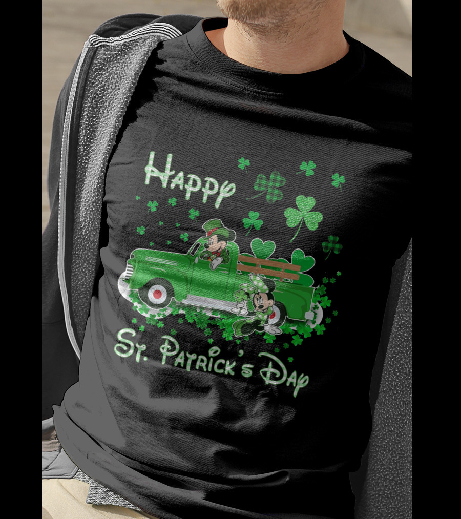 Happy St. Patrick's Day Mickey Mouse Green Truck Shamrocks T-Shirt