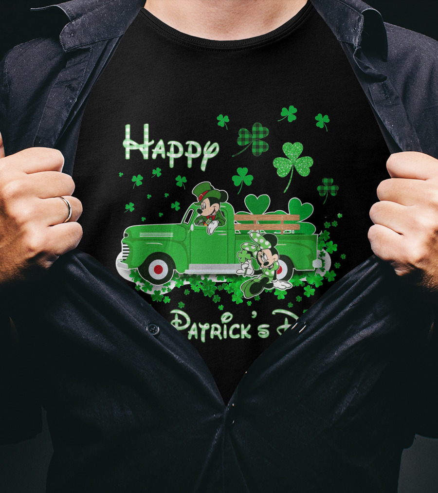 Happy St. Patrick's Day Mickey Mouse Green Truck Shamrocks T-Shirt