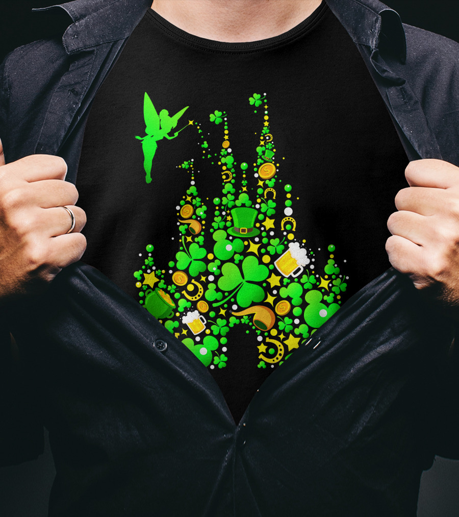 Disney Castle St. Patrick's Day Tinkerbell Leprechaun Hat Clover Coins Beer T-Shirt