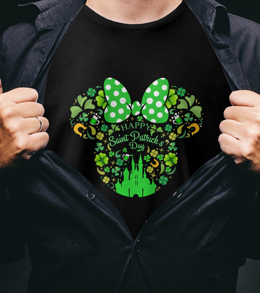 Minnie Mouse Happy Saint Patrick's Day With Shamrocks And Castle T-Shirt