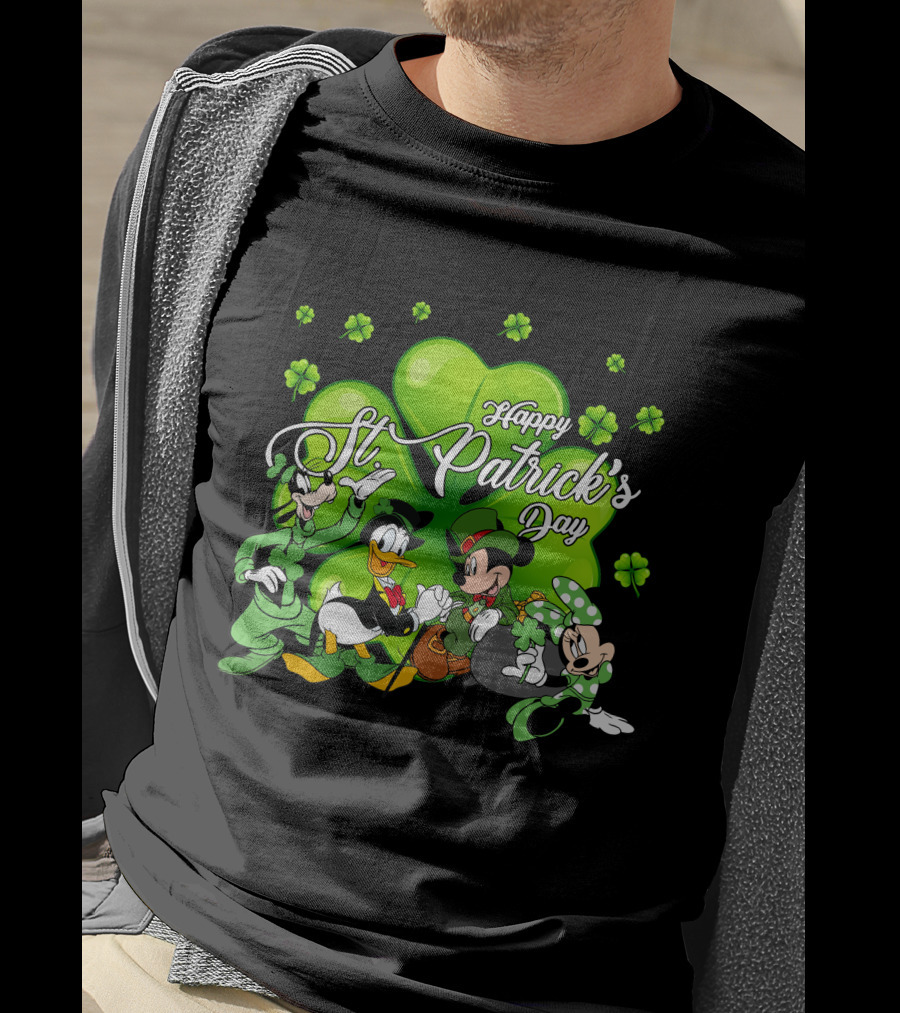Happy St. Patrick's Day Mickey Mouse Donald Duck Goofy Minnie Mouse With Shamrocks T-Shirt