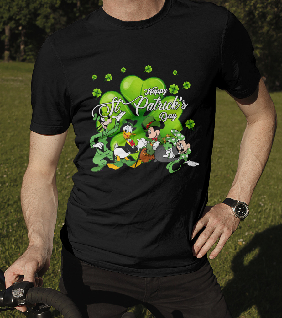 Happy St. Patrick's Day Mickey Mouse Donald Duck Goofy Minnie Mouse With Shamrocks T-Shirt