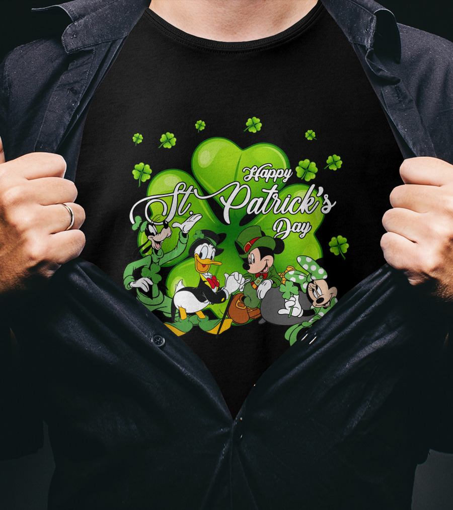 Happy St. Patrick's Day Mickey Mouse Donald Duck Goofy Minnie Mouse With Shamrocks T-Shirt