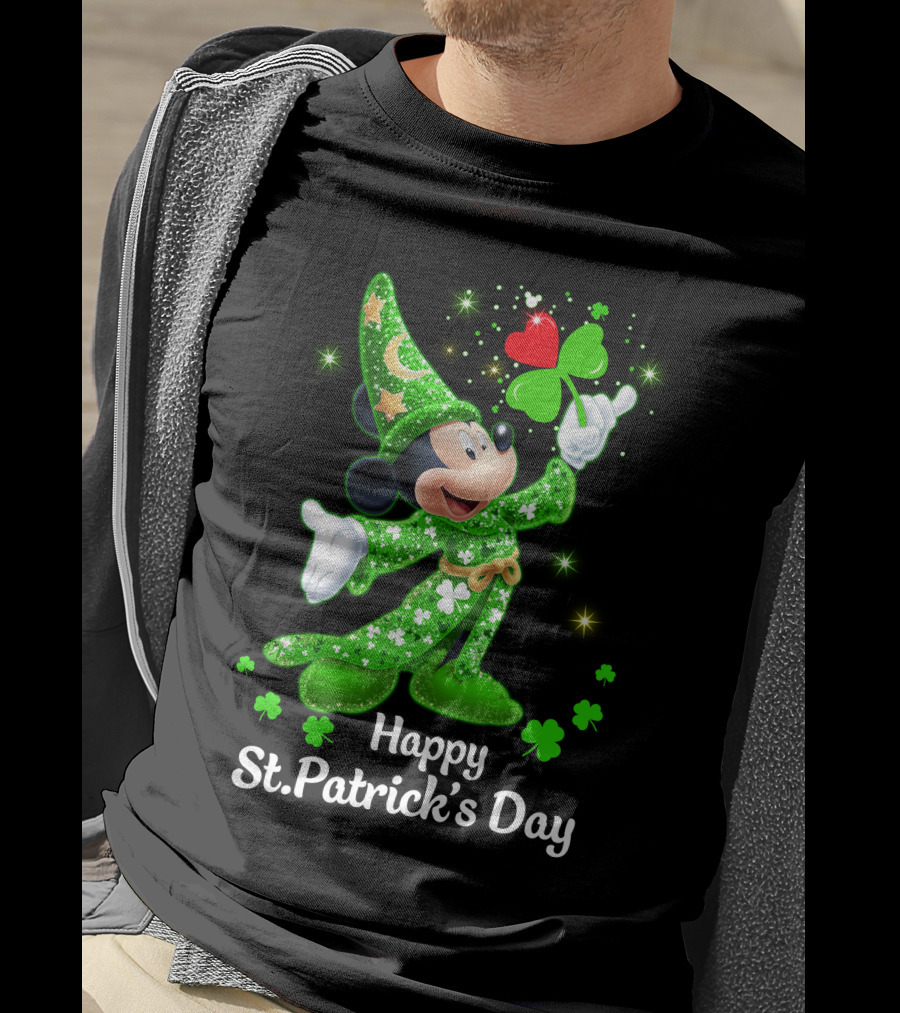 Happy St. Patrick's Day Mickey In Green Wizard Cloak With Clover Magic T-Shirt