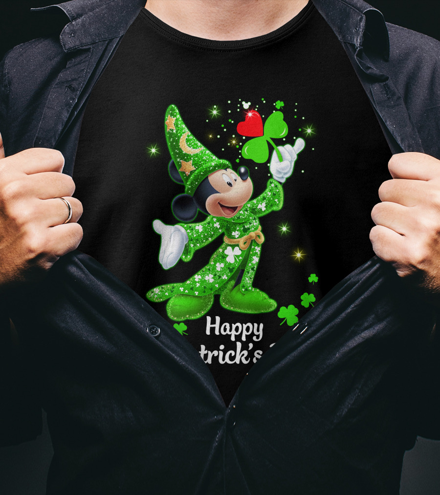 Happy St. Patrick's Day Mickey In Green Wizard Cloak With Clover Magic T-Shirt