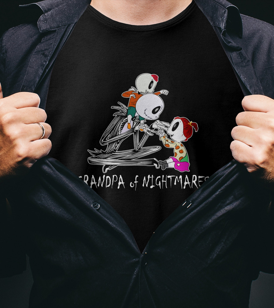 Grandpa Of Nightmares Halloween Skeleton With 1 Boy 1 Girl T-Shirt