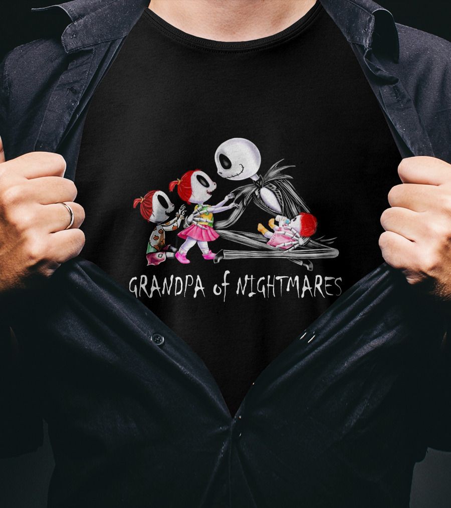 Grandpa Of Nightmares With Three Girls And Skeleton Figure T-Shirt