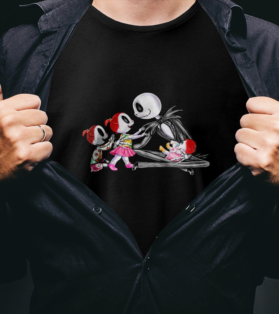 Jack Skellington And 3 Girls Halloween Scene T-Shirt