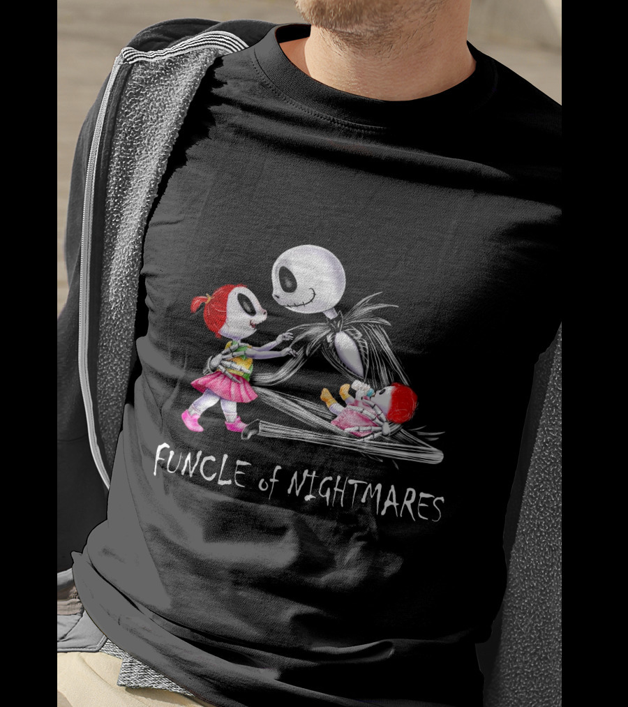 Funcle Of Nightmares With Two Girls And Skeleton Character T-Shirt
