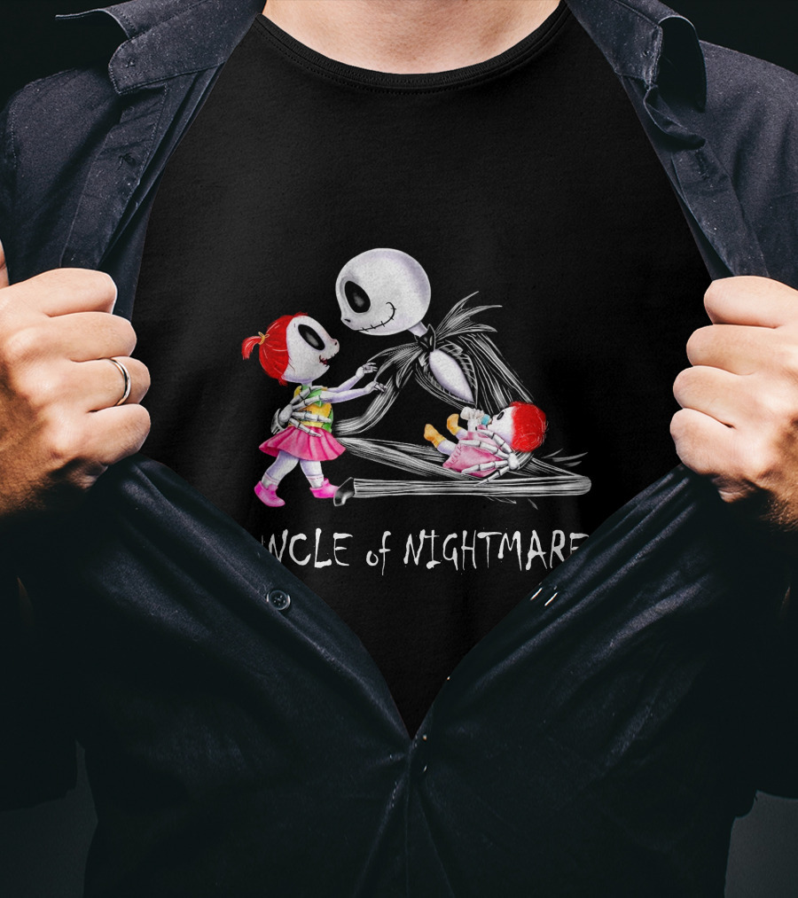 Funcle Of Nightmares With Two Girls And Skeleton Character T-Shirt