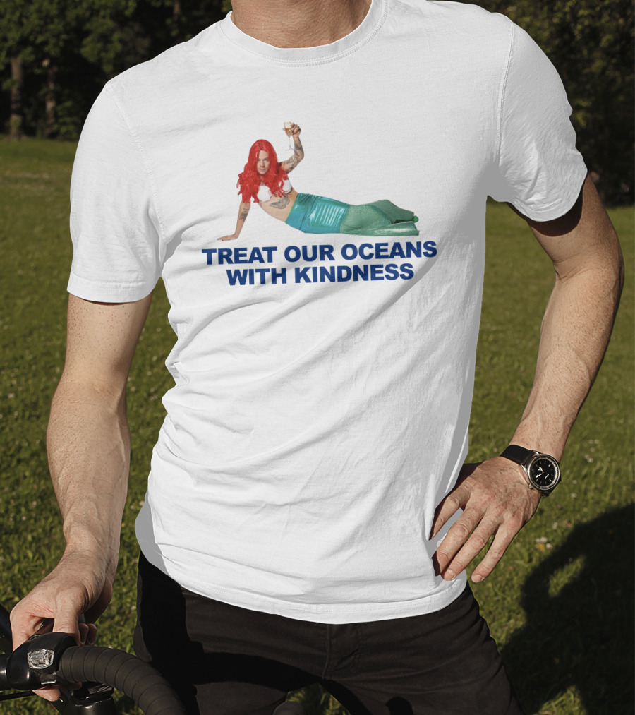 Treat Our Oceans With Kindness Red-Haired Mermaid Holding Glass T-Shirt